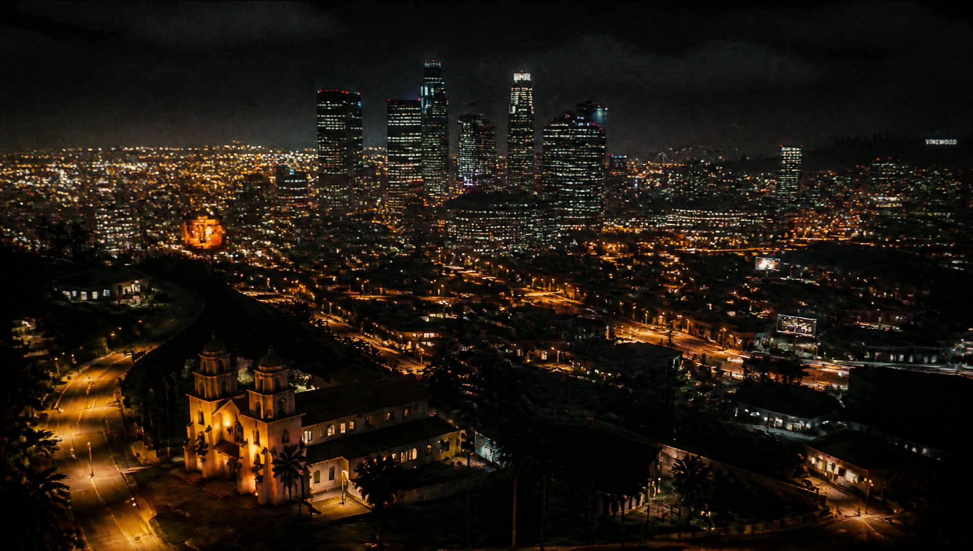Neon-lit city skyline at night